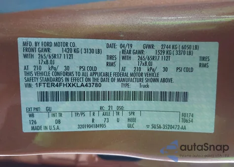 2019 Ford Ranger Lariat from USA, damaged, VIN 1FTER4FHXKLA43780